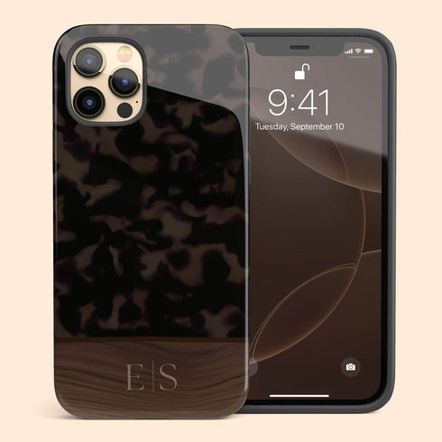 Custom Wood Initials Dark Tortoiseshell iPhone Case
